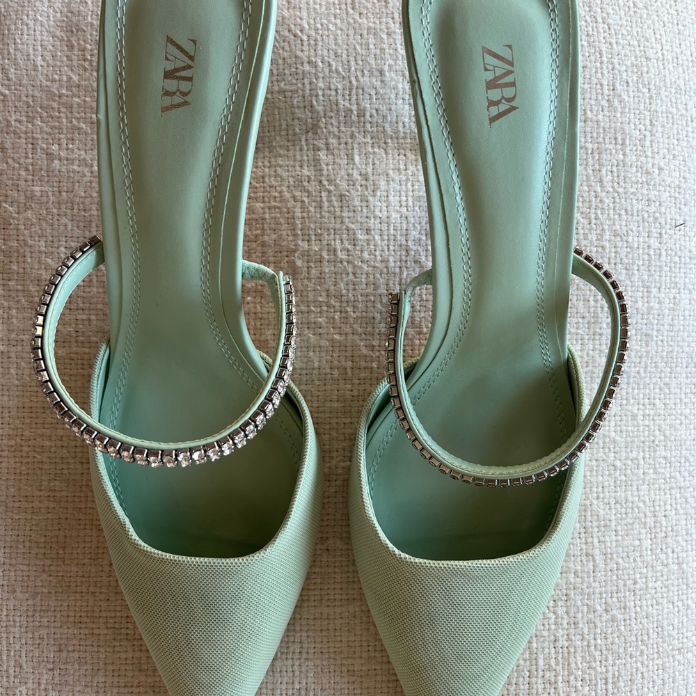Zara light green rhinestone mule heels